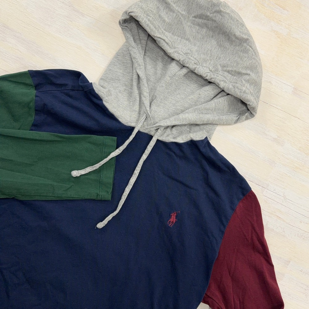 Polo Ralph Lauren Hoodie T-Shirt Medium Colorblock Long Sleeve Navy Mens